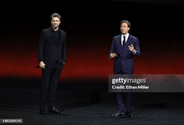 Andrés Muschietti and Co-Chairman and CEO of DC Studios Peter Safran speak onstage as they promote the upcoming film "The Flash" during the Warner...