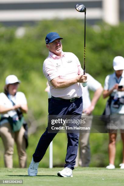 Rod Pampling of Australia hits a drive on the third hole during the first round of the Invited Celebrity Classic at Las Colinas Country Club on April...