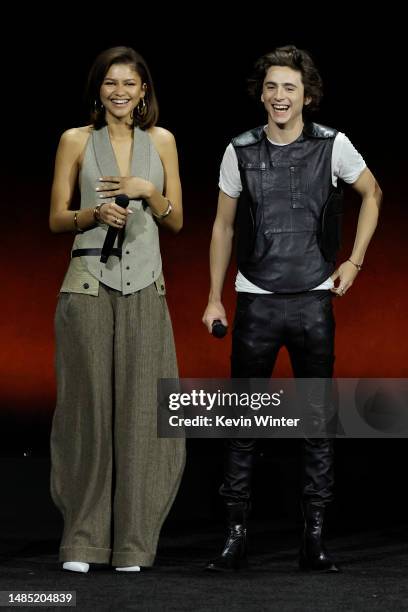 Zendaya and Timothée Chalamet speak during the State of the Industry and Warner Bros. Pictures Presentation at The Colosseum at Caesars Palace during...