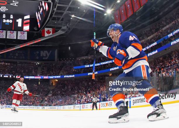 Jean-Gabriel Pageau of the New York Islanders celebrates an Islander goal against the Carolina Hurricanes during Game Three in the First Round of the...