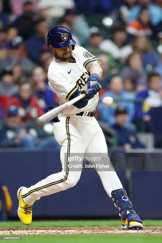 Blake Perkins of the Milwaukee Brewers up to bat against the Detroit ...