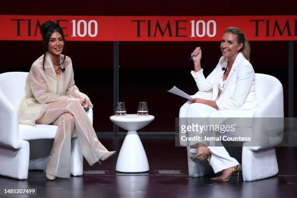 Kim Kardashian and Poppy Harlow speak onstage at the 2023 TIME100 Summit at Jazz at Lincoln Center on April 25, 2023 in New York City.
