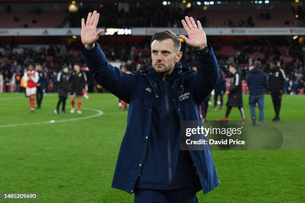 Jack Wilshere, Manager of Arsenal, acknowledges the fans after their side's defeat in the FA Youth Cup Final match between Arsenal U18 and West Ham...