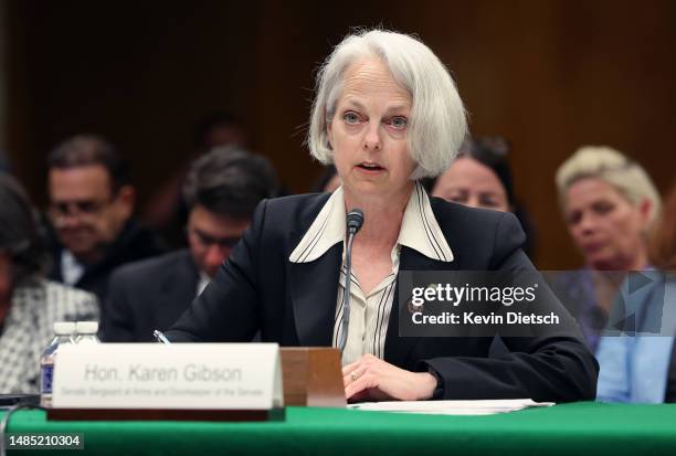 Senate Sergeant at Arms Karen Gibson testifies before a Senate Appropriations subcommittee on April 25, 2023 in Washington, DC. The Appropriations...