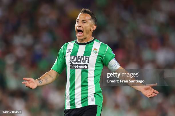 Andres Guardado of Real Betis reacts during the LaLiga Santander match between Real Betis and Real Sociedad at Estadio Benito Villamarin on April 25,...