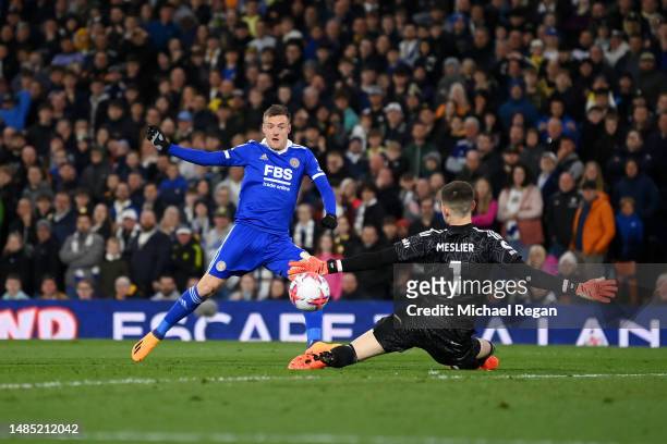Jamie Vardy of Leicester City scores the team's first goal past Illan Meslier of Leeds United during the Premier League match between Leeds United...