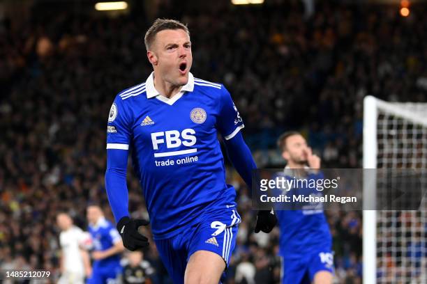 Jamie Vardy of Leicester City celebrates after scoring the team's first goal during the Premier League match between Leeds United and Leicester City...