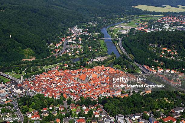 aerial of hannoversch munden, gottingen district, at confluence of fulda and werra rivers. - göttingen stock-fotos und bilder
