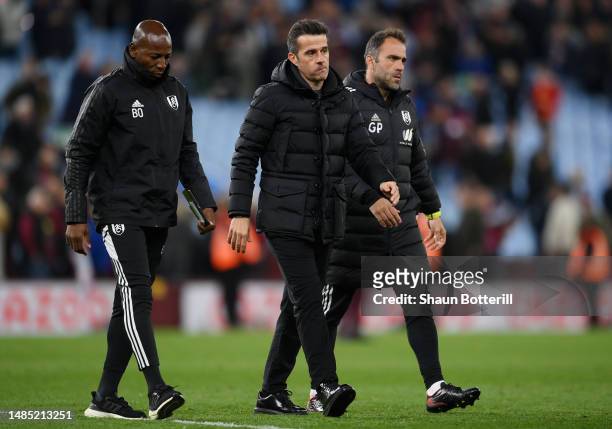 Marco Silva, Manager of Fulham, looks dejected following the Premier League match between Aston Villa and Fulham FC at Villa Park on April 25, 2023...