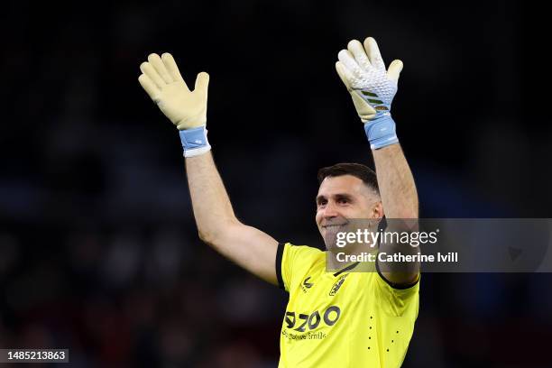 Emiliano Martinez of Aston Villa celebrates after the team's victory during the Premier League match between Aston Villa and Fulham FC at Villa Park...