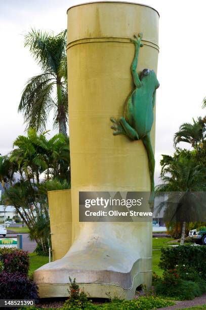 the golden gumboot (the height of the gumboot represents the amount of rainfall recorded in 1950 - 7.9 meters an australian record). - wellington boots stock pictures, royalty-free photos & images