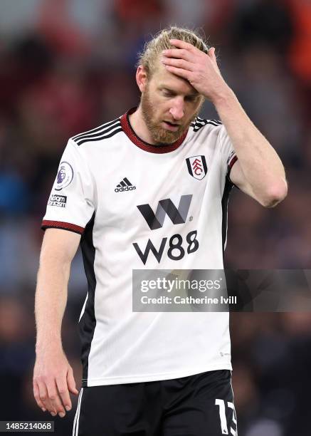 Tim Ream of Fulham looks dejected after the team's defeat during the Premier League match between Aston Villa and Fulham FC at Villa Park on April...