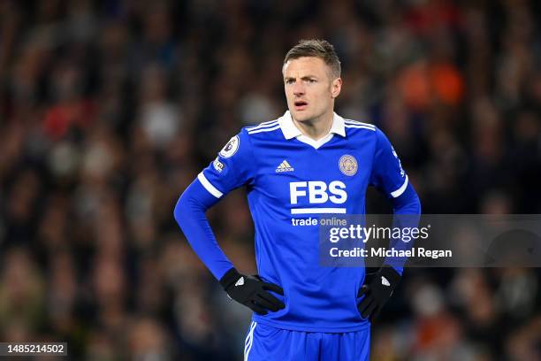 Jamie Vardy of Leicester City looks on during the Premier League match between Leeds United and Leicester City at Elland Road on April 25, 2023 in...