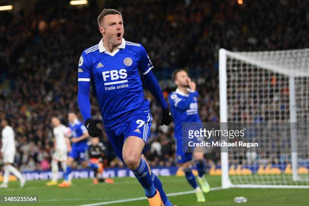 Jamie Vardy of Leicester celebrates scoring the goal to make it 1-1 during the Premier League match between Leeds United and Leicester City at Elland...