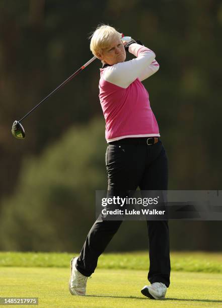 Trish Johnson of England in action during The Rose Ladies Series at Bearwood Lakes Golf Club on April 25, 2023 in Wokingham, England.