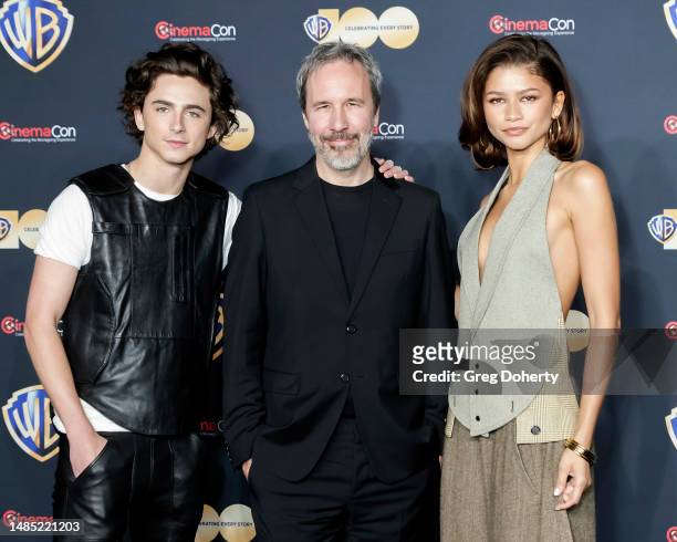 Timothee Chalamet, Denis Villeneuve and Zendaya attend the red carpet promoting the upcoming film "Dune: Part Two" at the Warner Bros. Pictures...