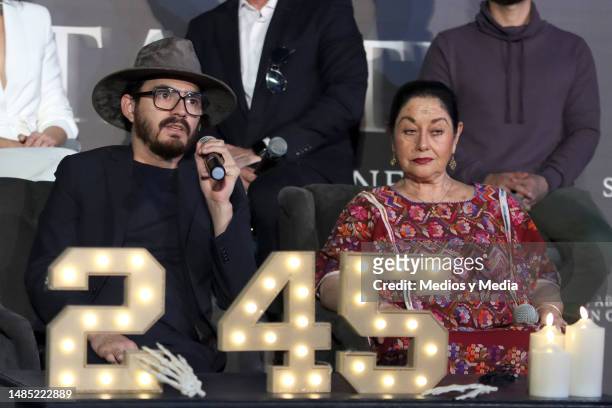 Homero Bueno and Angélica Aragón attend the press conference on the film 'Los Habitantes' at Cinepolis Miyana on April 25, 2023 in Mexico City,...