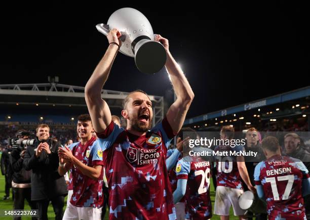 Jay Rodriguez of Burnley celebrates towards the fans after winning the Sky Bet Championship following victory against the Blackburn Rovers and...