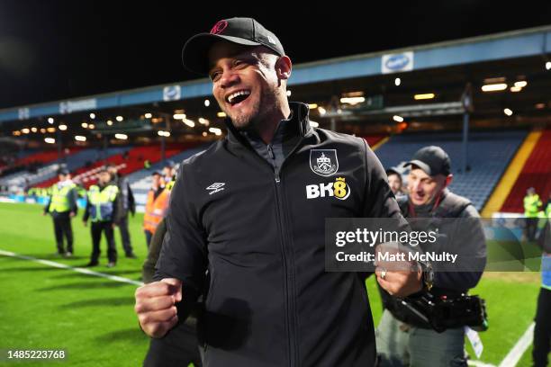 Vincent Kompany, Manager of Burnley, celebrates after winning the Sky Bet Championship following victory against the Blackburn Rovers and Burnley at...