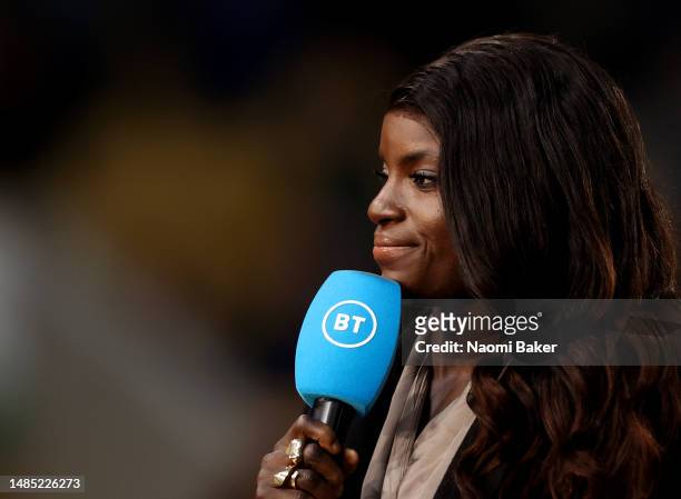 Eniola Aluko, pundit for BT and former Chelsea Women's player during the Premier League match between Wolverhampton Wanderers and Crystal Palace at...