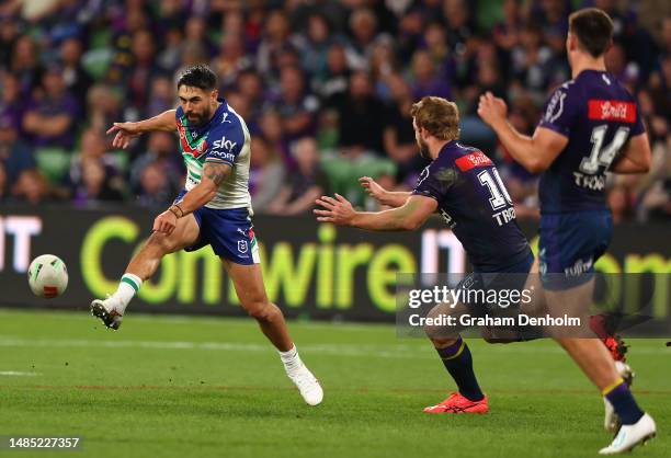 Shaun Johnson of the Warriors kicks during the round eight NRL match between Melbourne Storm and New Zealand Warriors at AAMI Park on April 25, 2023...