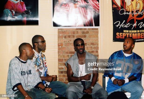 Singers Marvin 'Slim' Scandrick, Daron Jones, Quinnes 'Q' Parker and Michael 'Mike' Keith of 112 performs during an album listening party at Loft...