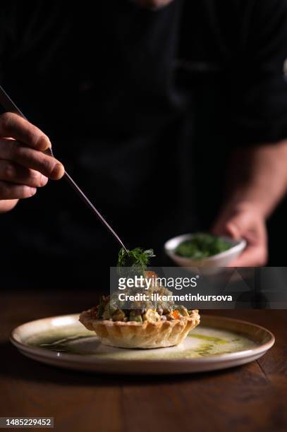 a male chef decorating a plate of tartare di pesce spada - fooding imagens e fotografias de stock