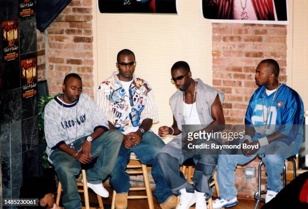Singers Marvin 'Slim' Scandrick, Daron Jones, Quinnes 'Q' Parker and Michael 'Mike' Keith of 112 performs during an album listening party at Loft...