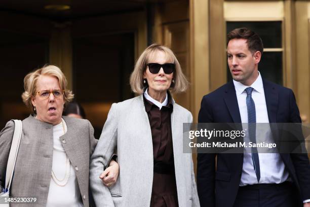 Magazine Columnist E. Jean Carroll leaves after the first day of her civil trial against former President Donald Trump at Manhattan Federal Court on...