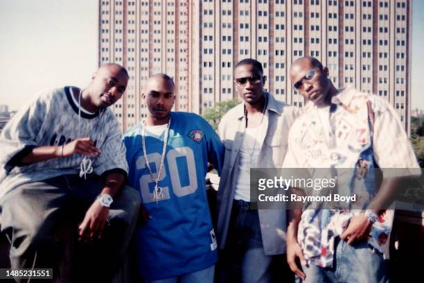 Singers Marvin 'Slim' Scandrick, Michael 'Mike' Keith, Quinnes 'Q' Parker and Daron Jones of 112 poses for photos atop Loft 1625 in Chicago, Illinois...