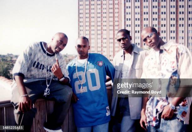Singers Marvin 'Slim' Scandrick, Michael 'Mike' Keith, Quinnes 'Q' Parker and Daron Jones of 112 poses for photos atop Loft 1625 in Chicago, Illinois...