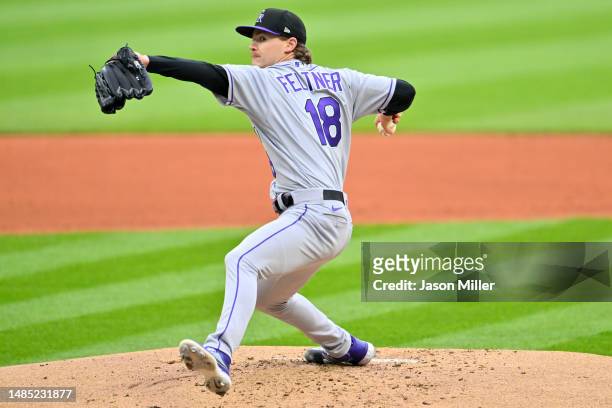 Starting pitcher Ryan Feltner of the Colorado Rockies pitches during the first inning against the Cleveland Guardians at Progressive Field on April...