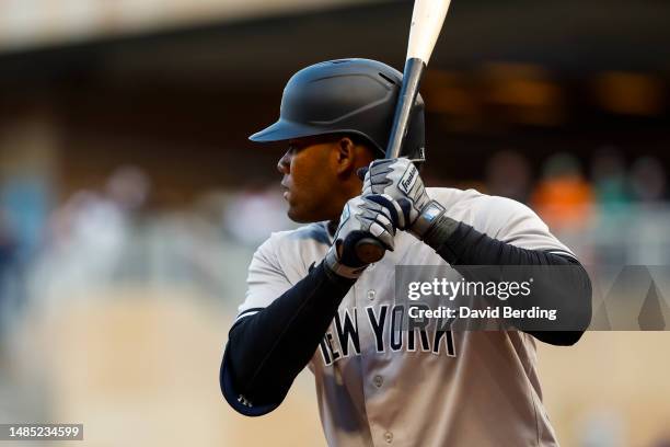 View of the Franklin batting gloves worn by Franchy Cordero of the New York Yankees against the Minnesota Twins in the second inning of the game at...