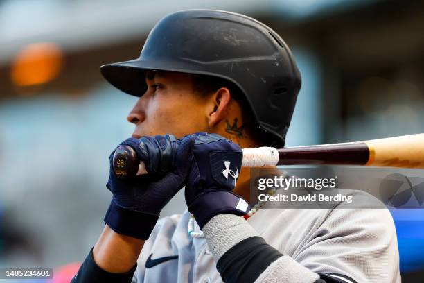 View of the Under Armour batting gloves worn by Oswaldo Cabrera of the New York Yankees against the Minnesota Twins in the second inning of the game...