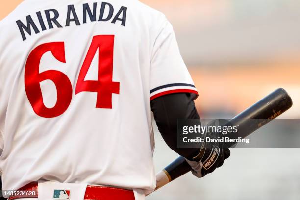 View of the Franklin batting gloves worn by Jose Miranda of the Minnesota Twins against the New York Yankees in the second inning of the game at...