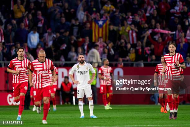 Daniel Carvajal of Real Madrid CF looks on after conceding a goal during the LaLiga Santander match between Girona FC and Real Madrid CF at Montilivi...