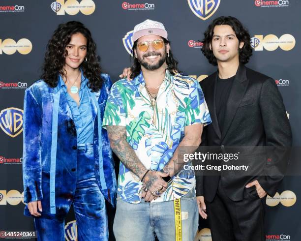 Bruna Marquezine, Angel Manuel Soto and Xolo Mariduena attend the red carpet promoting the upcoming film "Blue Beetle" at the Warner Bros. Pictures...