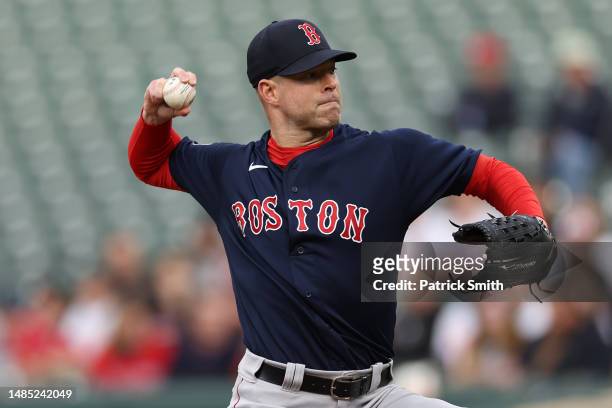Starting pitcher Corey Kluber of the Boston Red Sox works the first inning against the Baltimore Orioles at Oriole Park at Camden Yards on April 25,...