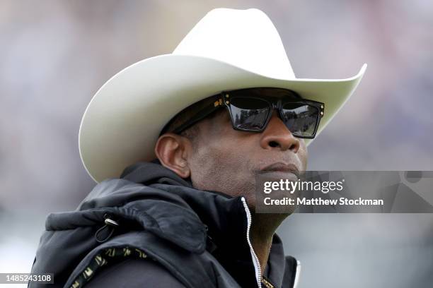 Head coach Deion Sanders of the Colorado Buffaloes watches as his team warms up prior to their spring game at Folsom Field on April 22, 2023 in...