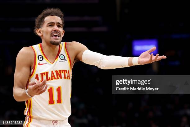 Trae Young of the Atlanta Hawks reacts against the Boston Celtics during the first quarter in game five of the Eastern Conference First Round...