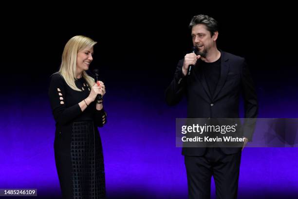 Barbara Muschietti and Andy Muschietti speak during Warner Bros. Pictures' advance screening of “The Flash” at The Colosseum at Caesars Palace during...
