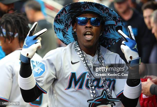 Jazz Chisholm Jr. #2 of the Miami Marlins celebrates after hitting a solo homer in the third inning against the Atlanta Braves at Truist Park on...