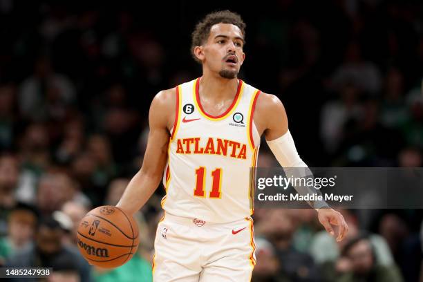 Trae Young of the Atlanta Hawks dribbles against the Boston Celtics during the first quarter in game five of the Eastern Conference First Round...