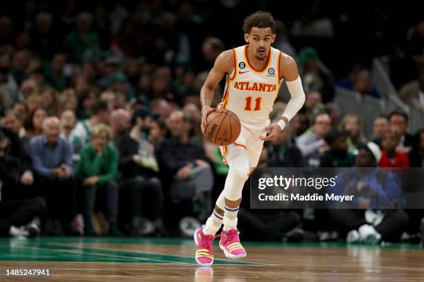 Trae Young of the Atlanta Hawks dribbles against the Boston Celtics during the first quarter in game five of the Eastern Conference First Round...