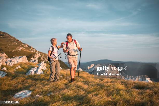 coppie anziane avventurose che fanno escursioni in montagna - walking mountains foto e immagini stock