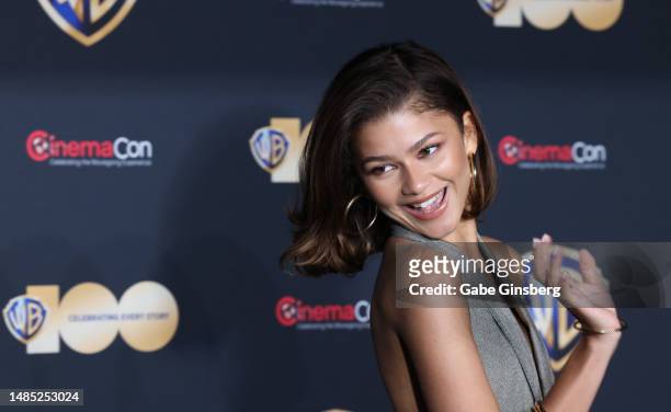 Zendaya poses for photos as she promotes the upcoming film "Dune: Part Two" during the Warner Bros. Pictures presentation at The Colosseum at Caesars...