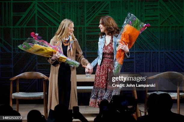 Laura Linney and Jessica Hecht attend the curtain call for "Summer, 1976" Broadway opening night at Samuel J. Friedman Theatre on April 25, 2023 in...