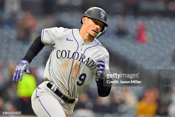 Brenton Doyle of the Colorado Rockies runs out a double during the sixth inning against the Cleveland Guardians at Progressive Field on April 25,...