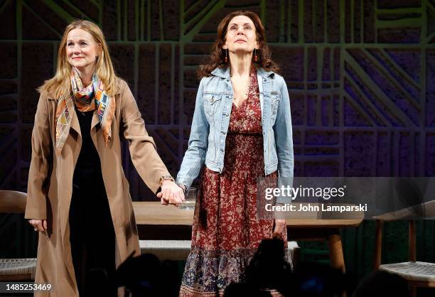 Laura Linney and Jessica Hecht attend the curtain call for "Summer, 1976" Broadway opening night at Samuel J. Friedman Theatre on April 25, 2023 in...