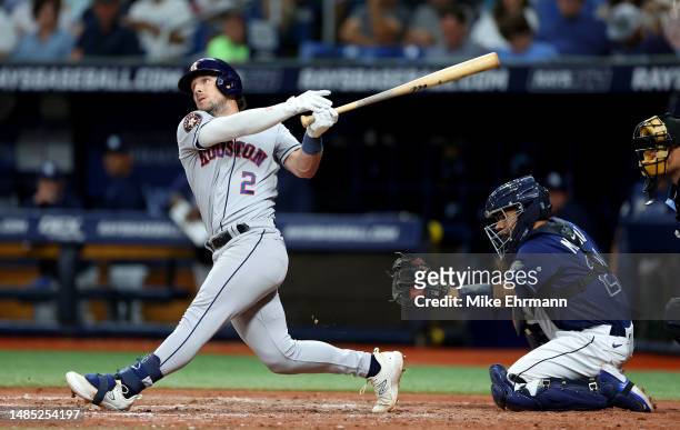 Alex Bregman of the Houston Astros bits in the sixth inning during a game against the Tampa Bay Rays at Tropicana Field on April 25, 2023 in St...
